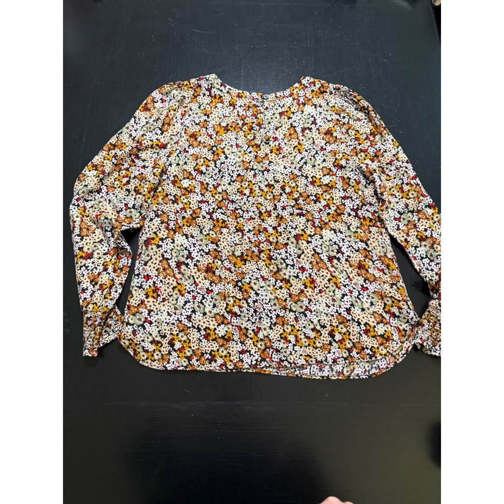 LOFT Floral Long Sleeve Blouse Mustard Rust Smocked Cuffs Size M